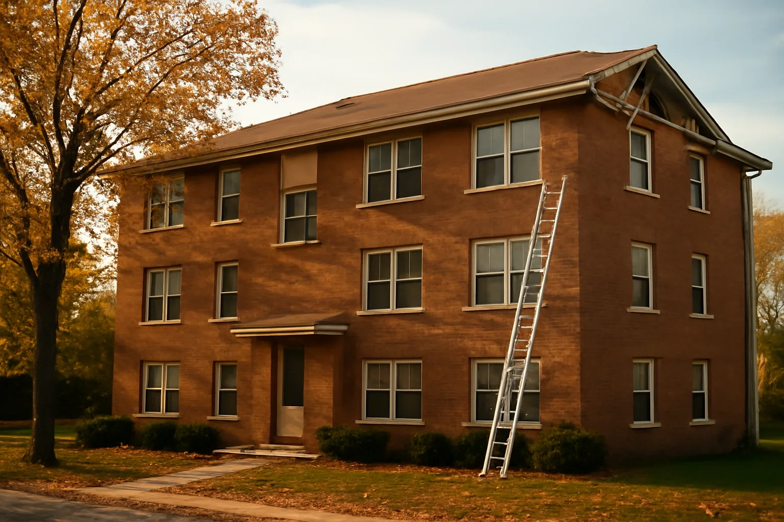 Three-story brick condo building exterior with maintenance ladder near roofline, autumn light