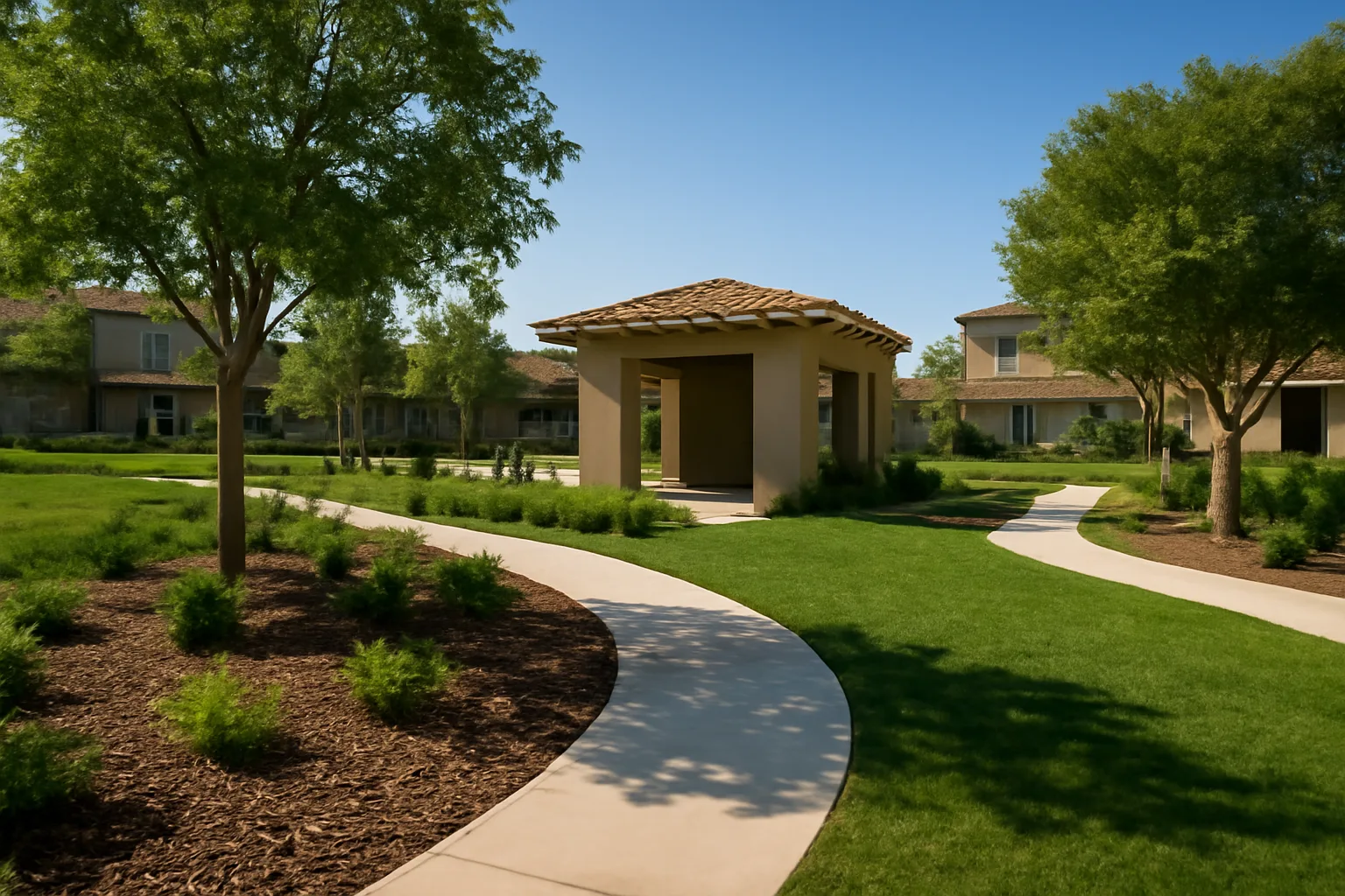 California HOA community courtyard with pool cabana and landscaped grounds