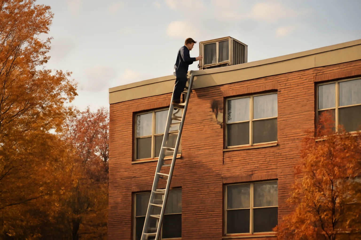 Maintenance worker inspecting rooftop equipment on a Maryland condo building during a reserve study
