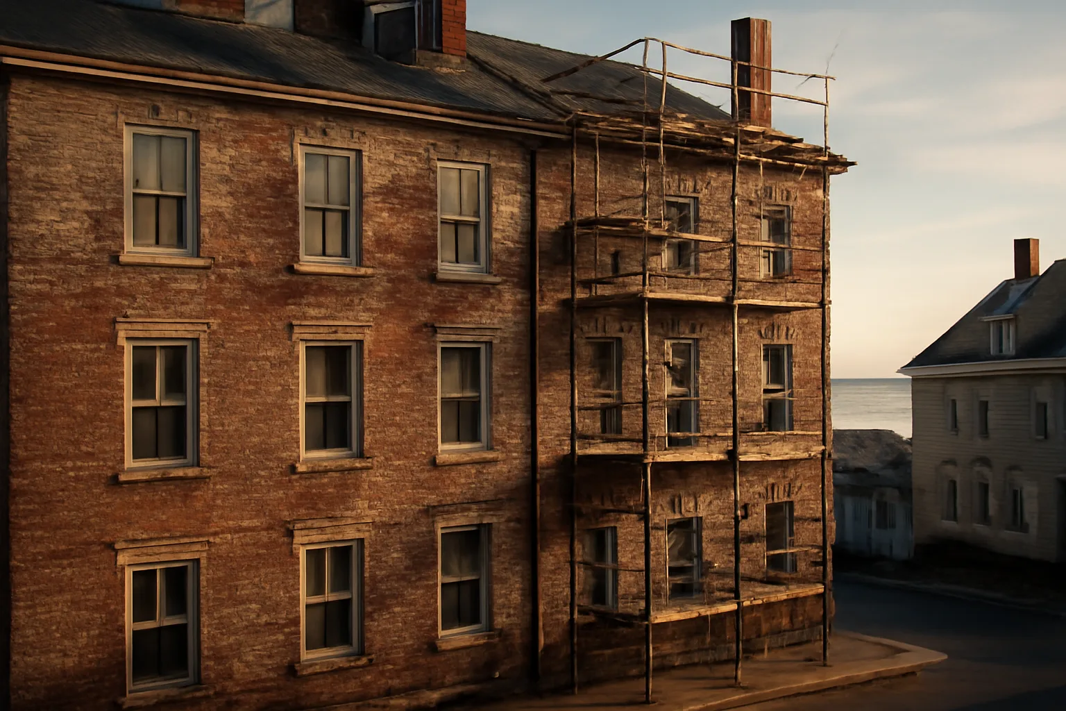 Brick Massachusetts condo building with scaffolding during a special assessment repair project