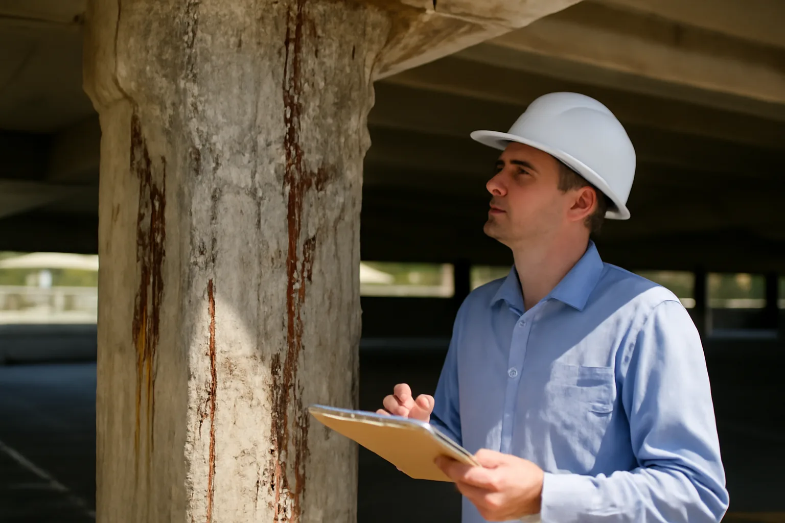 Engineer inspecting an aging concrete building column for a condo reserve study