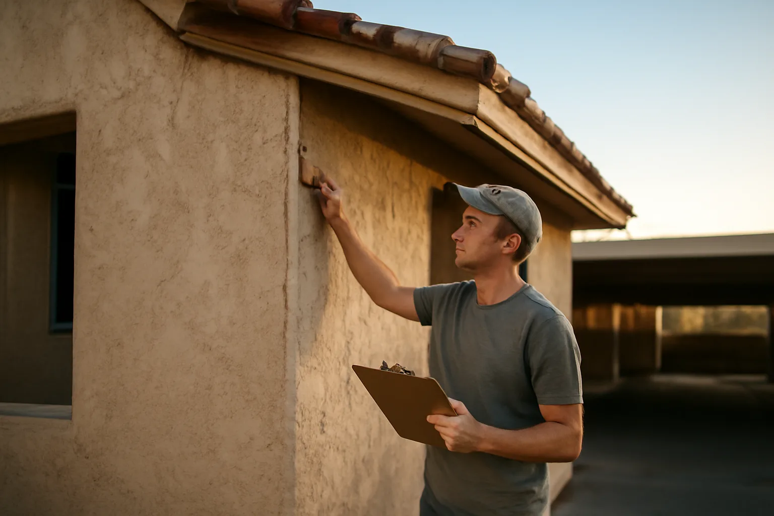Inspector examining condo building exterior and roofline during a reserve study site visit