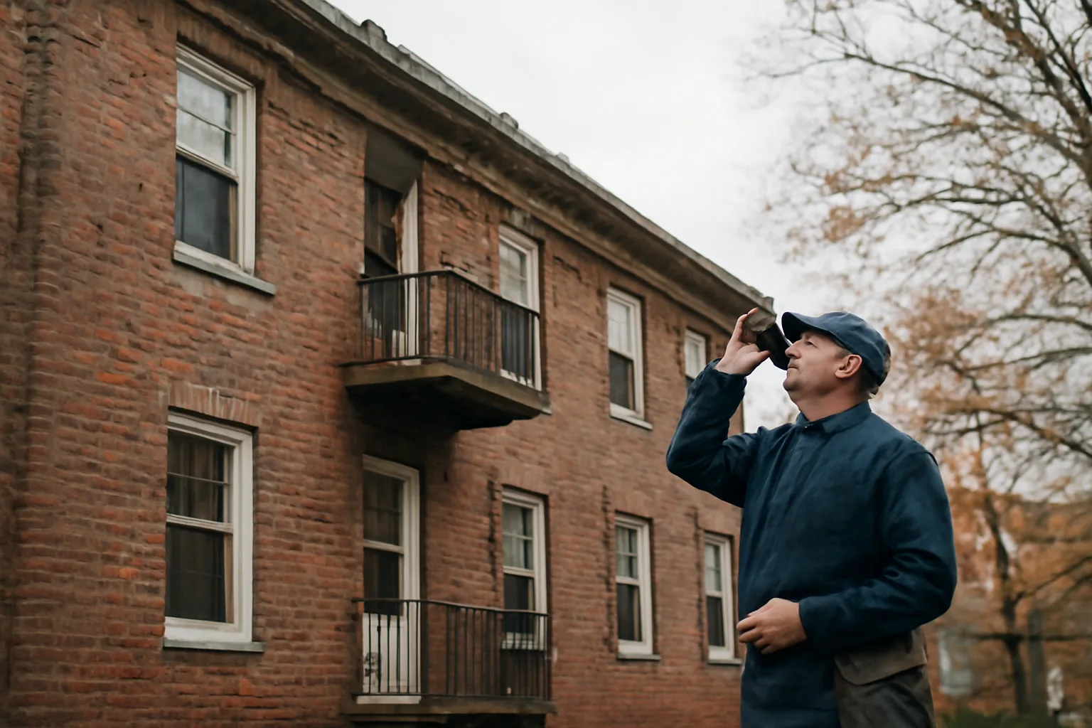 Maintenance worker inspecting a New England condo building roofline during a reserve study