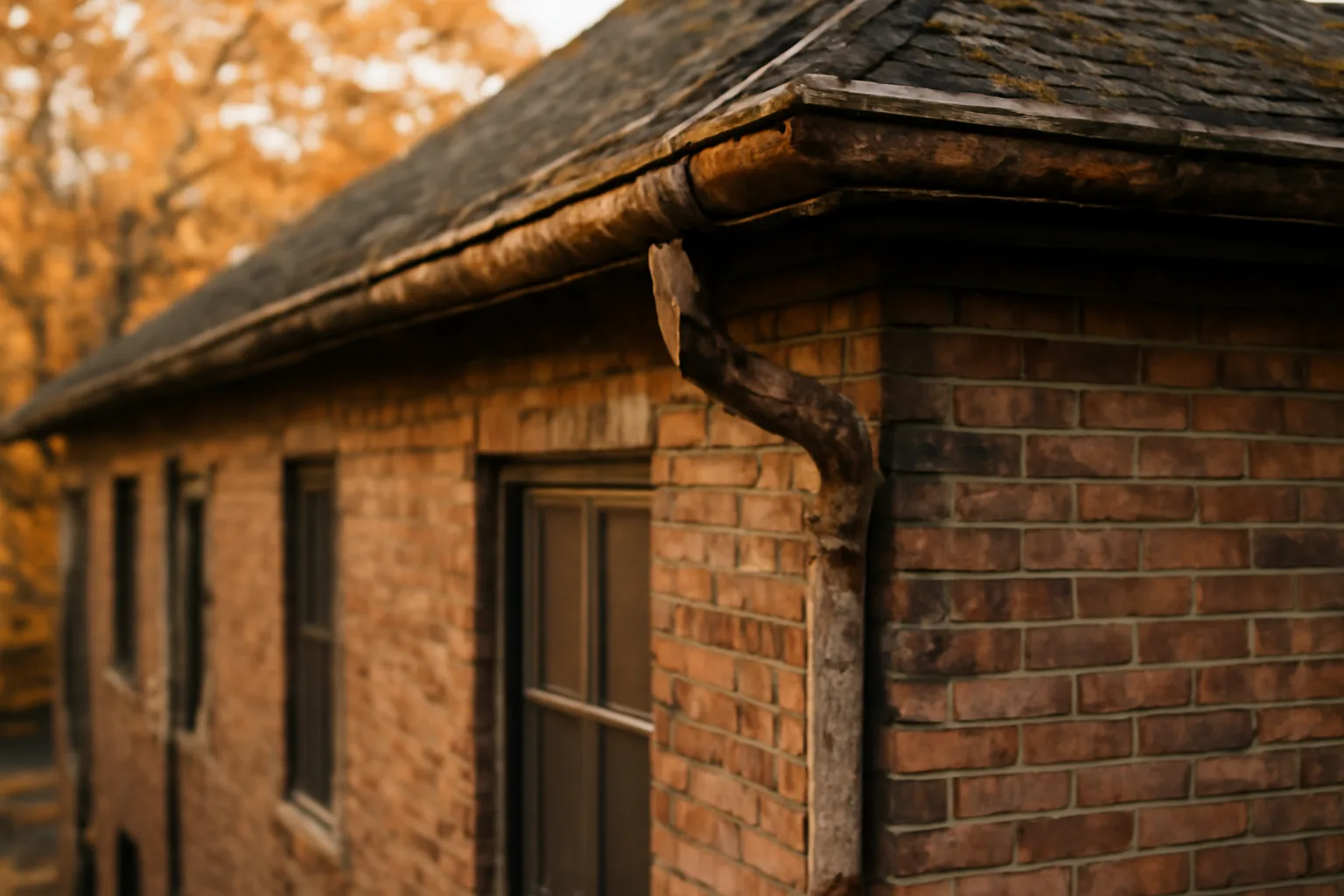 Aging brick condominium roofline in fall light, illustrating Wisconsin condo law special assessments
