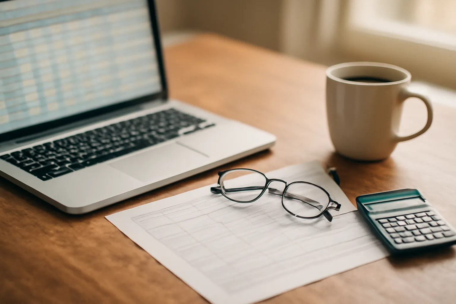Desk with laptop, calculator, and condo financial documents for tax preparation