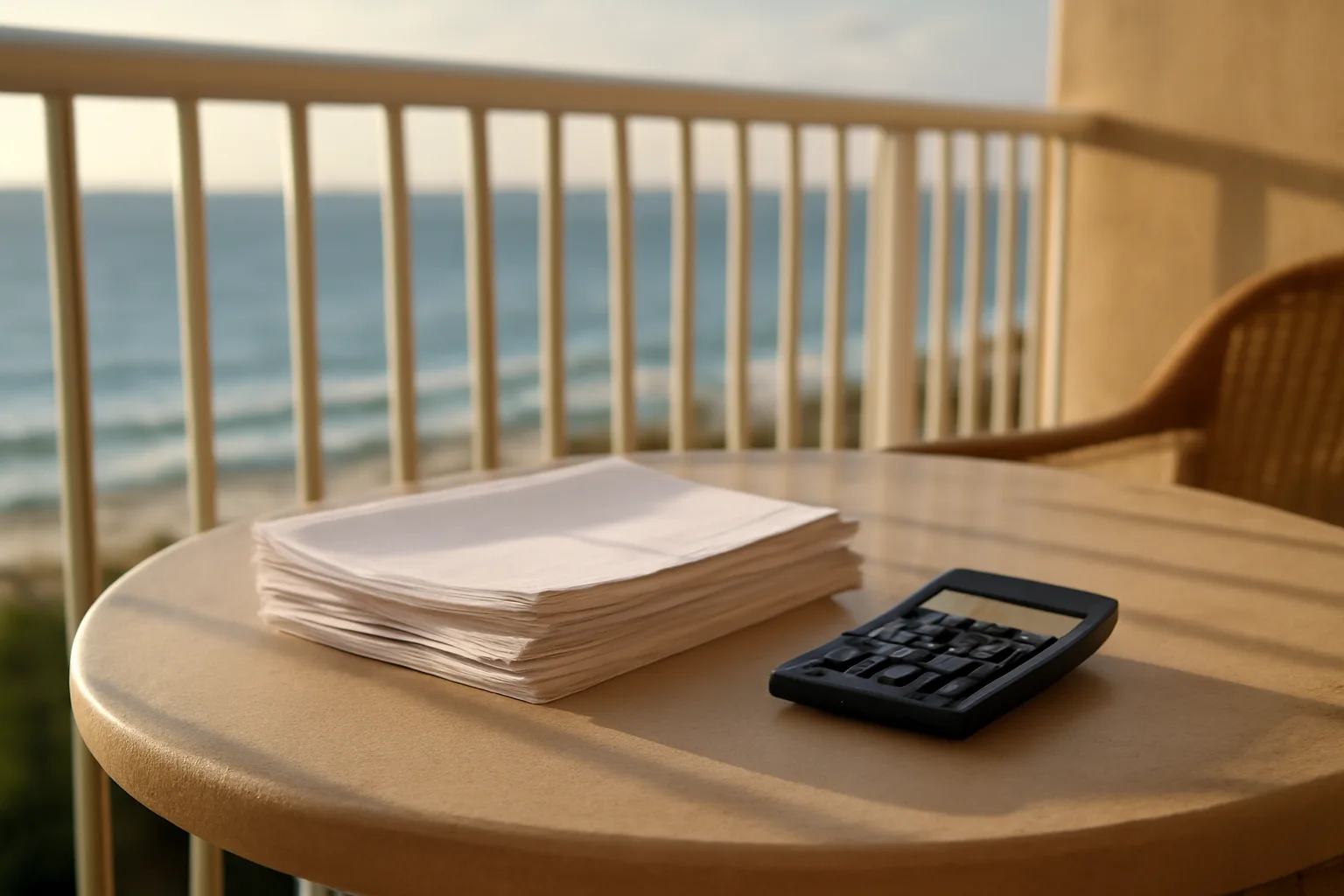 Condo balcony desk with invoices and calculator representing special assessment tax questions