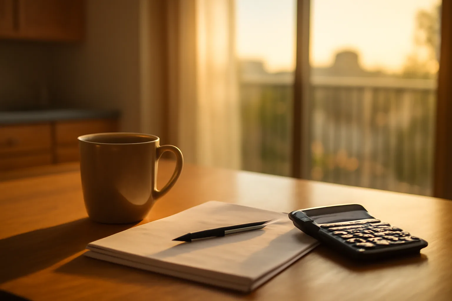kitchen table with paperwork and calculator, condo balcony visible in background