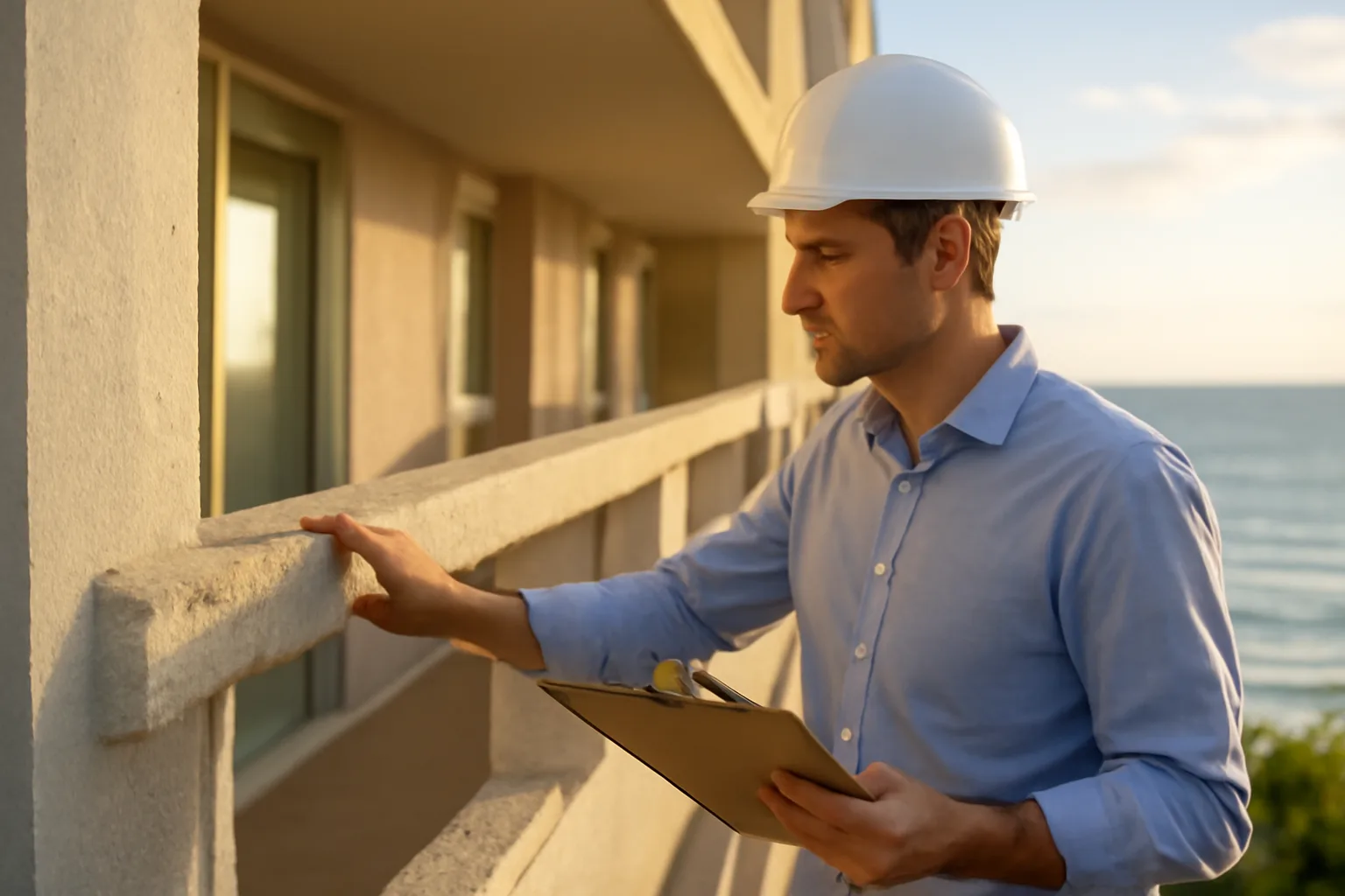 Engineer inspecting condo balcony structure during a Florida reserve study assessment