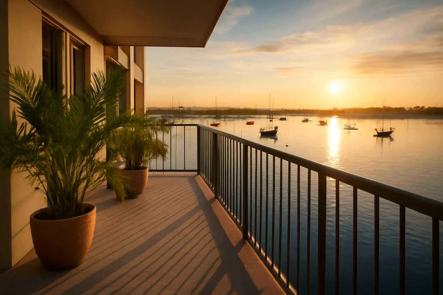 Condominium balcony overlooking coastal Florida waterway at sunset, no text visible