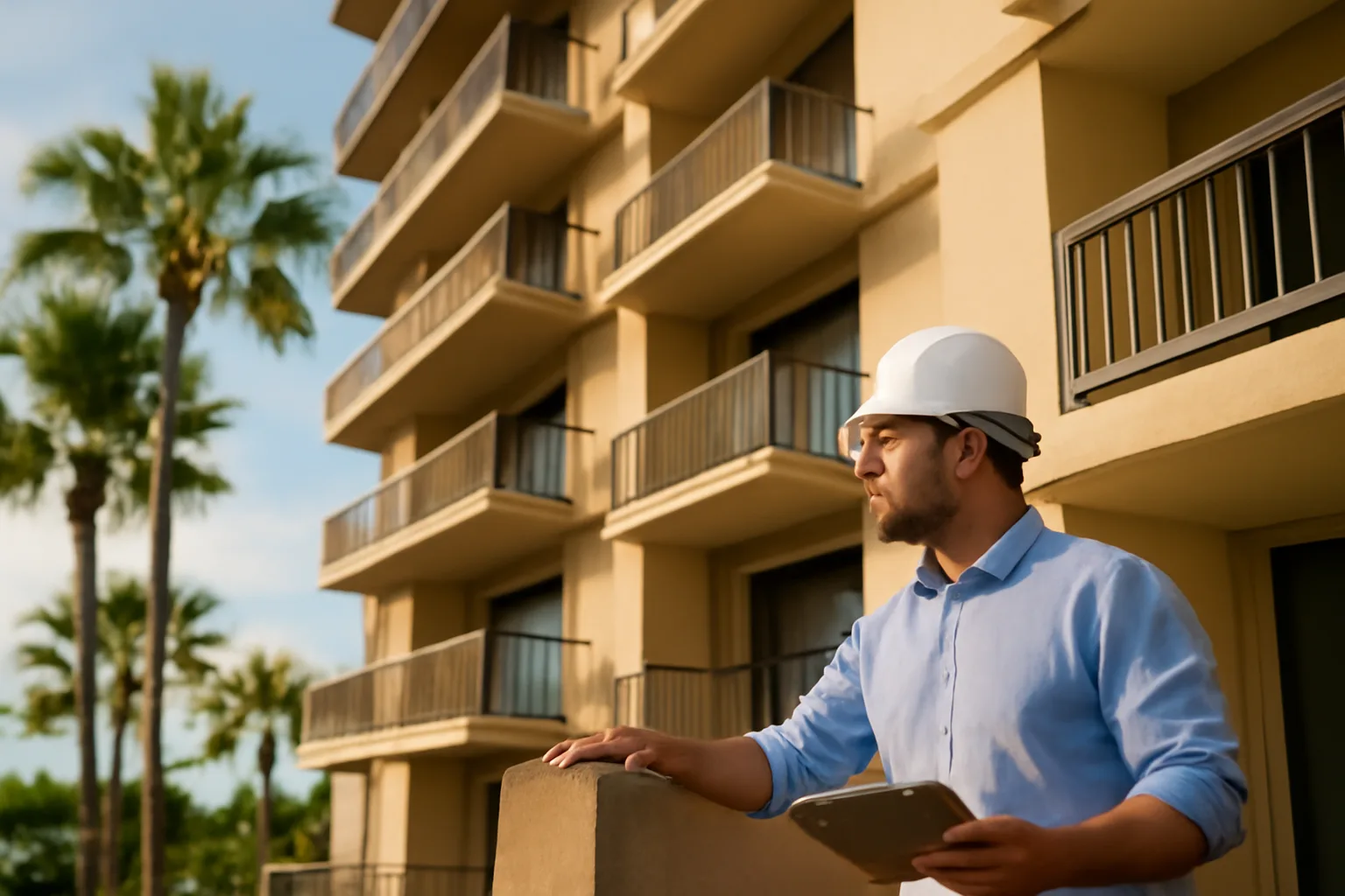 Engineer inspecting concrete balcony on a Tampa Bay condo building during a reserve study
