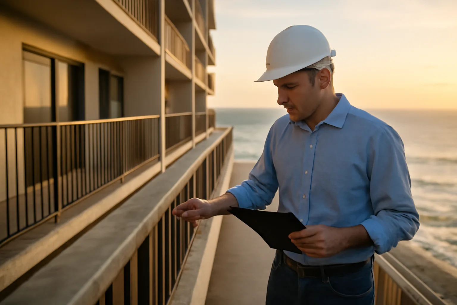 Engineer inspecting a condo building's structure during a reserve study assessment