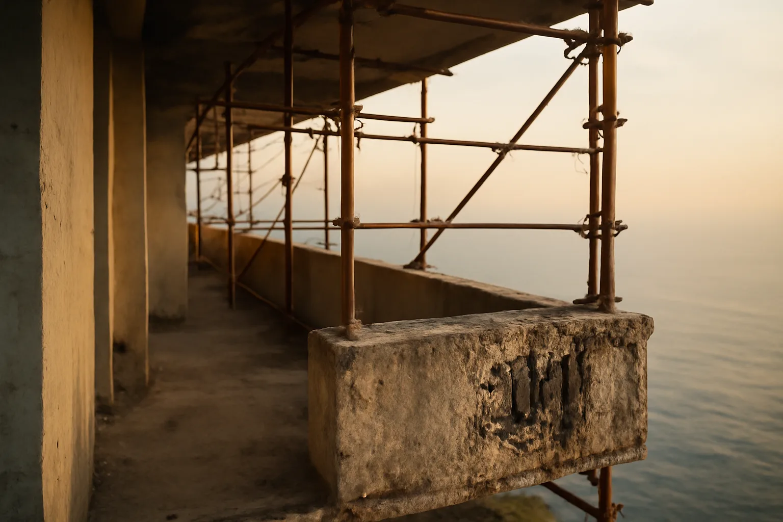 Coastal condo tower under structural repair scaffolding at sunset