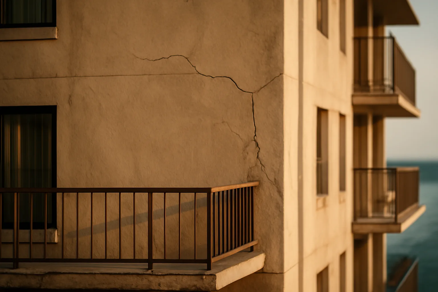 Aging Tampa Bay condo facade with visible stucco cracks near balcony in afternoon light