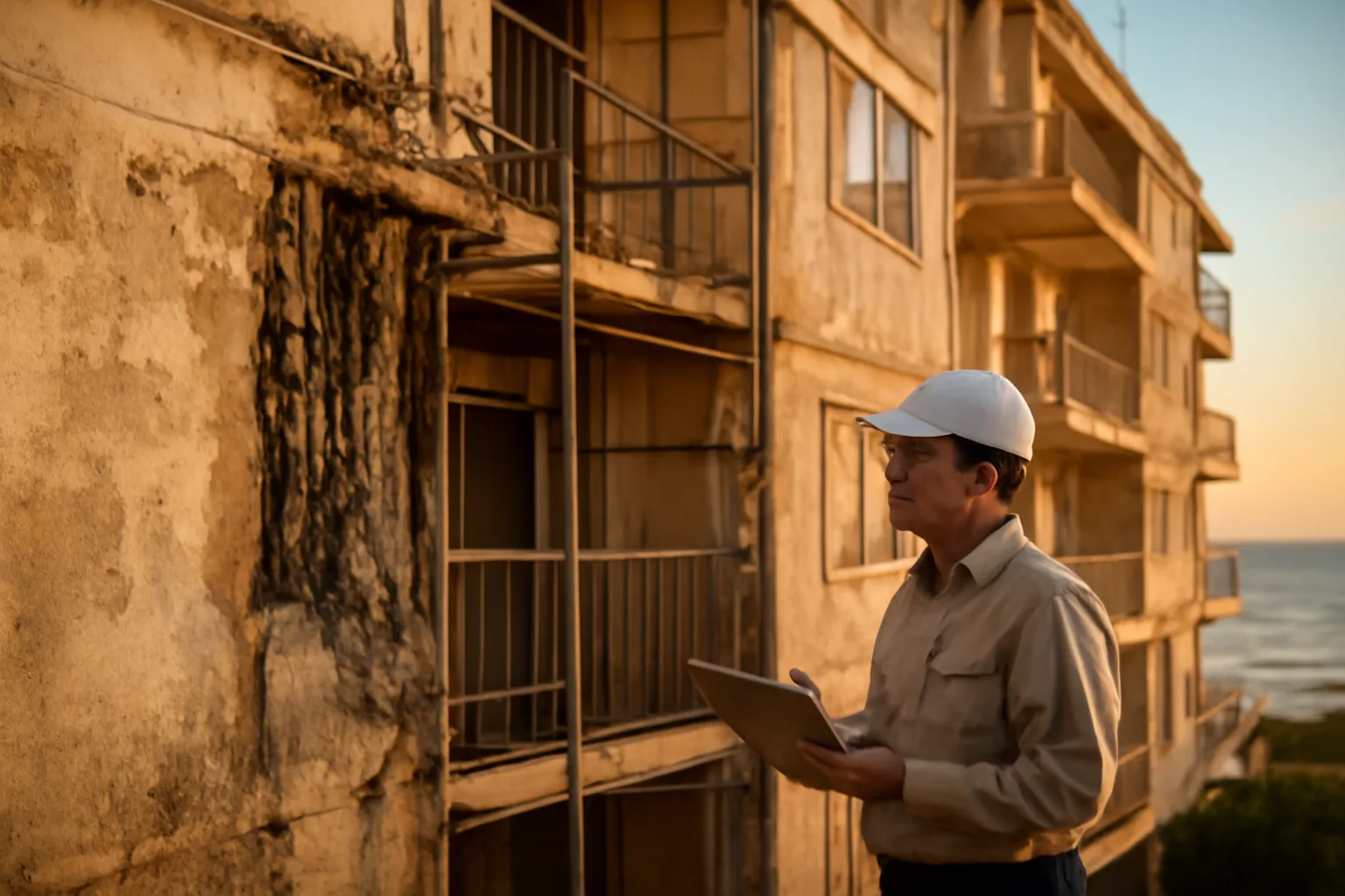 Engineer inspecting a coastal Florida condo building facade during a structural assessment