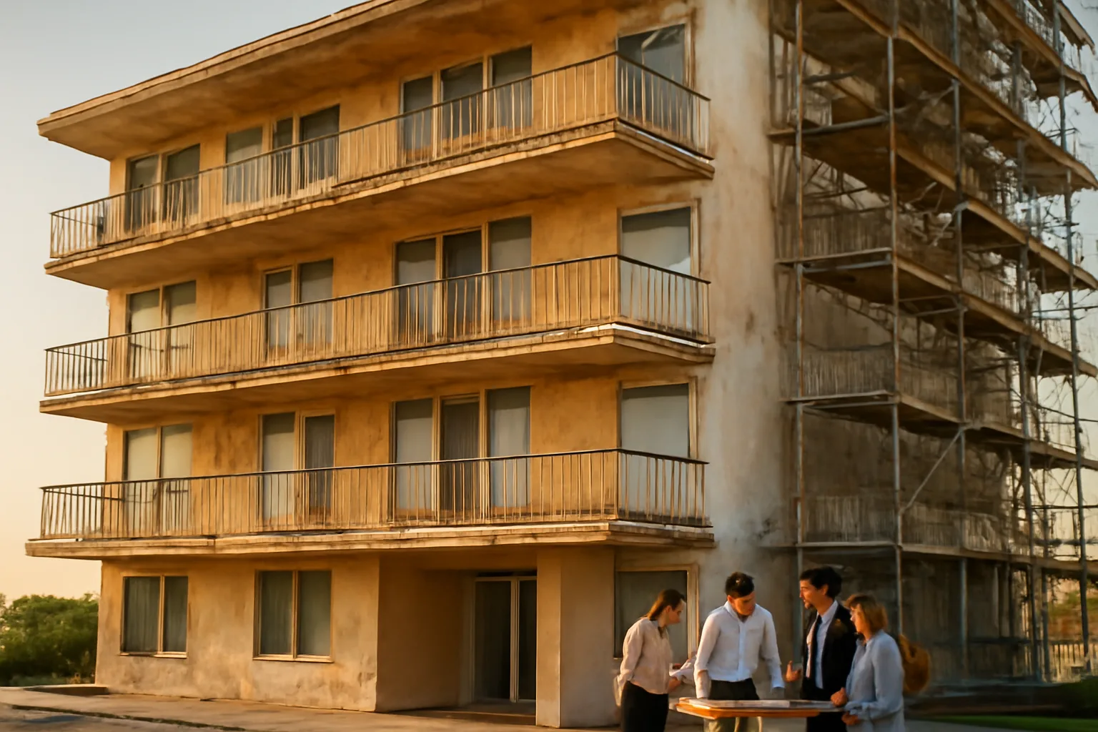 Board members reviewing documents outside a Fort Lauderdale condo building with scaffolding