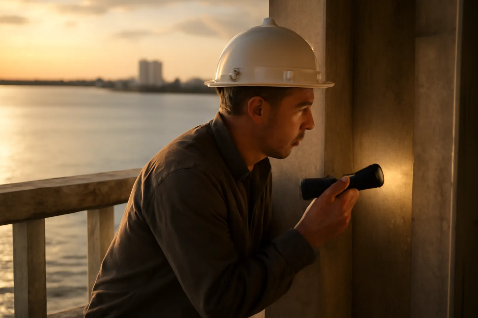 Engineer inspecting a Tampa condo building's structural column during golden hour
