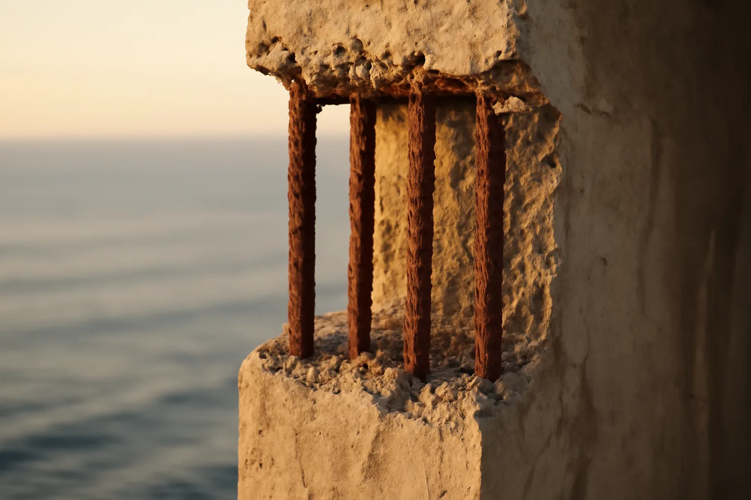 Corroded rebar exposed on a coastal condo balcony during golden hour inspection