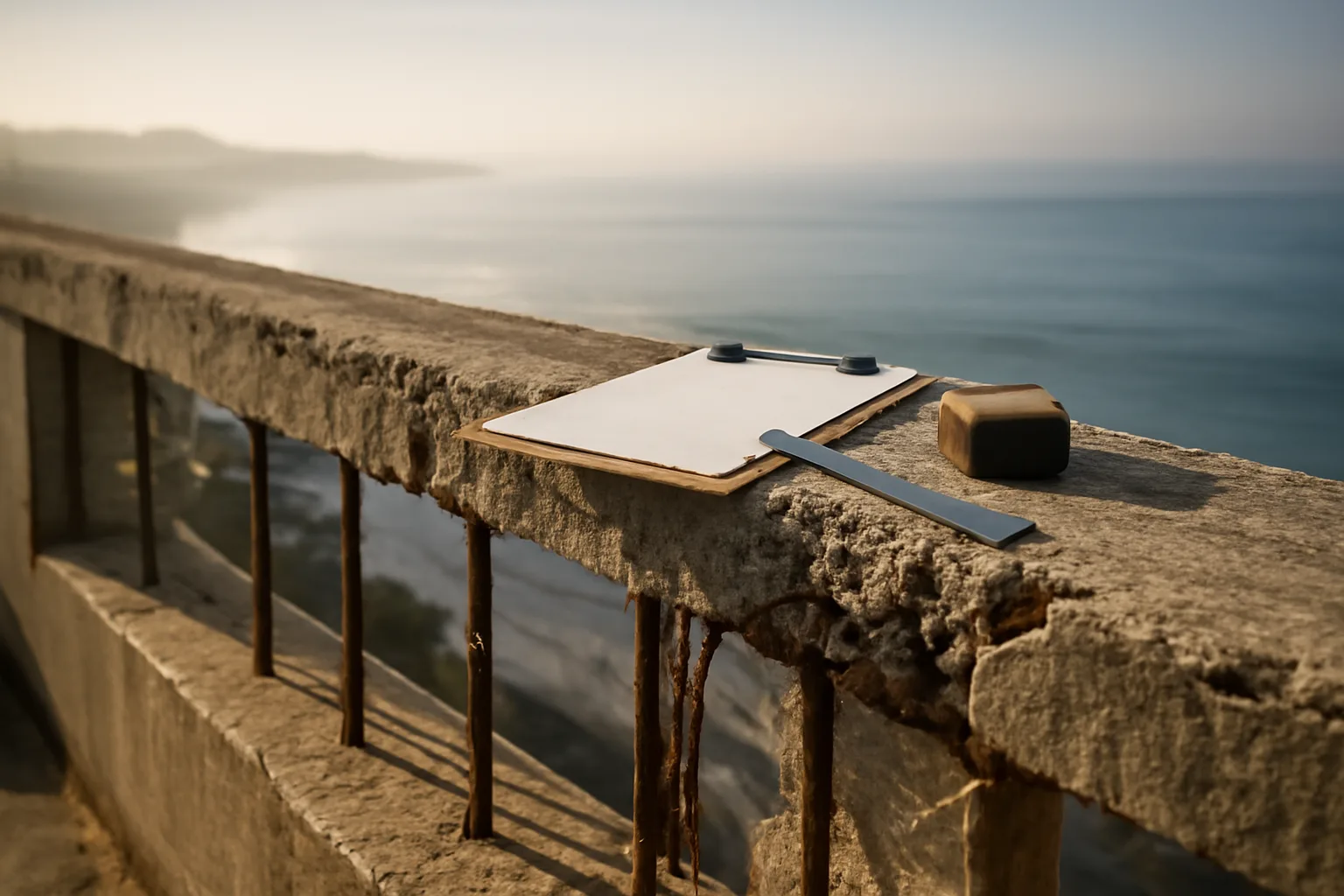 Engineer's inspection tools on a weathered coastal condo balcony during a structural reserve study
