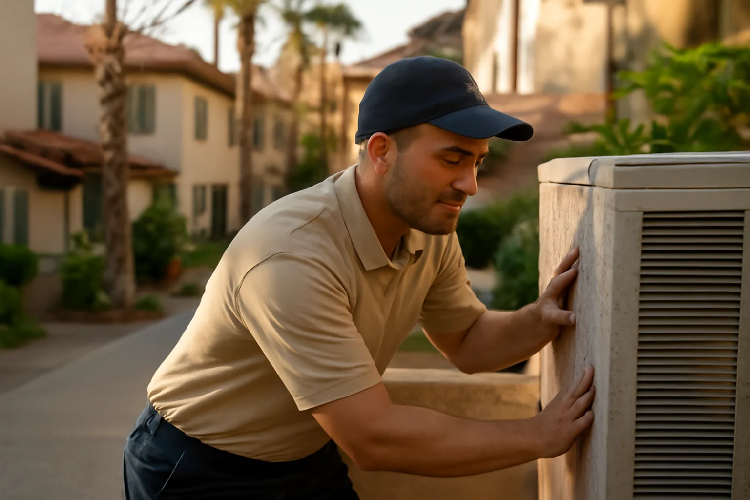 Maintenance worker inspecting stucco wall crack at California condo complex during reserve study
