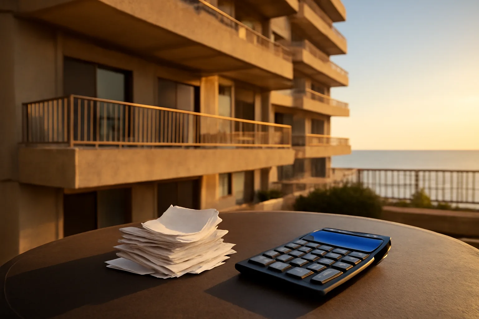 Condo balcony with receipts and calculator representing condo special assessment tax questions