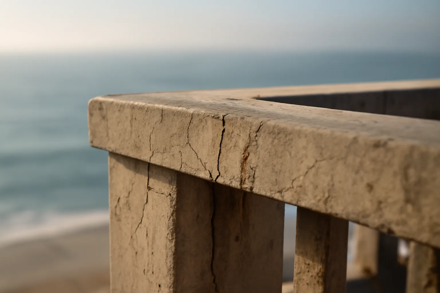 Close-up of aging concrete balcony showing cracks relevant to condo reserve planning