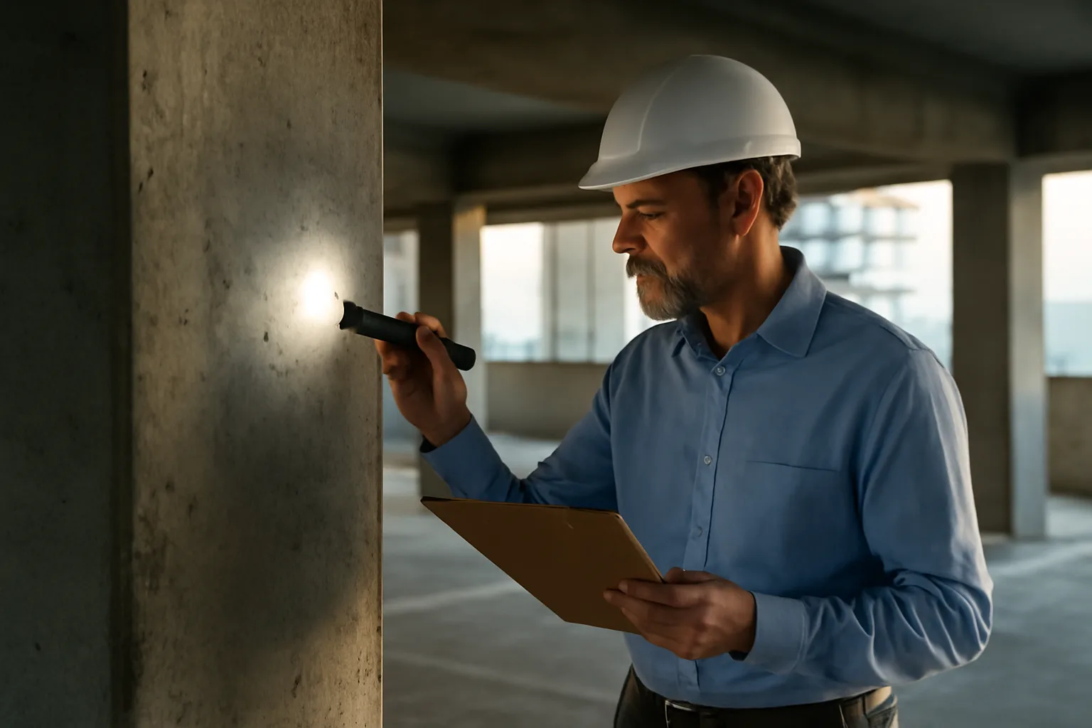 Engineer inspecting concrete structural column during a Tampa condo reserve study