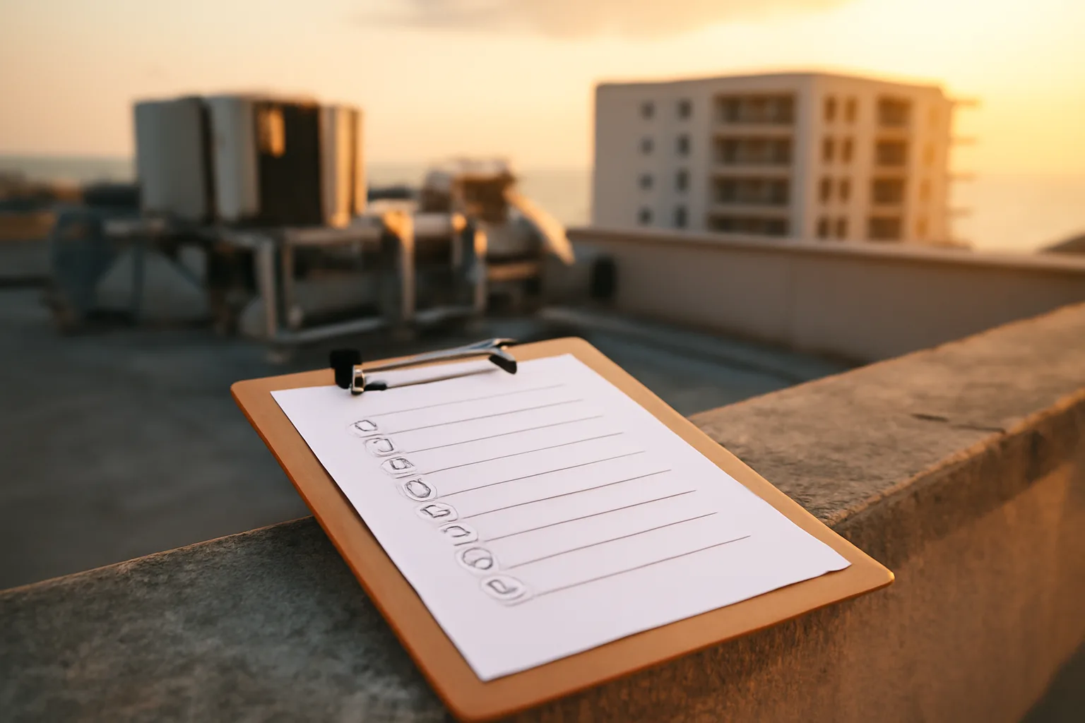 Rooftop inspection clipboard beside condo building mechanical equipment at sunset