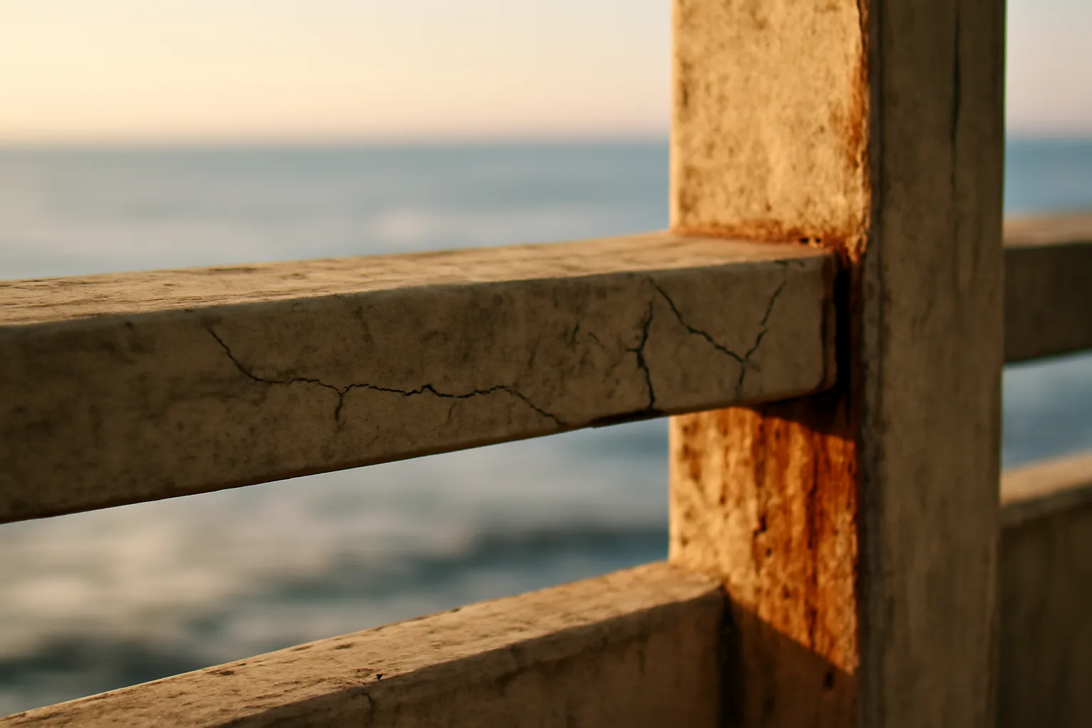 Cracked concrete balcony railing on a Florida coastal condo building at sunset