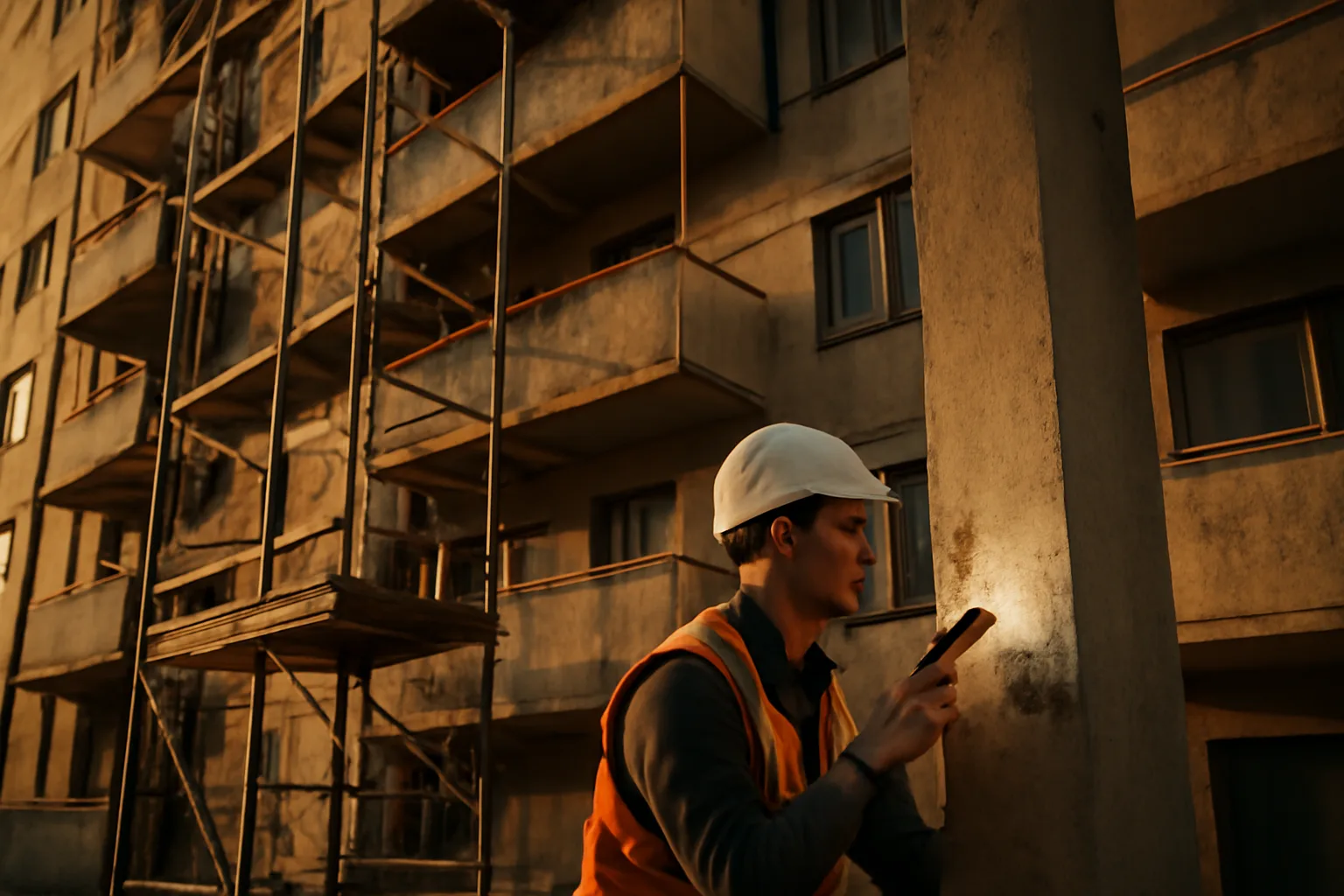 Engineer inspecting a concrete support column on a Florida condo building facade