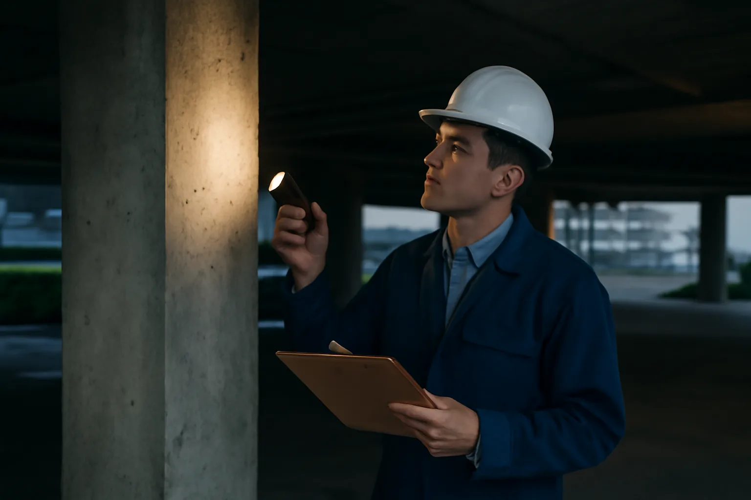 Engineer inspecting a concrete structural column in a condo parking garage