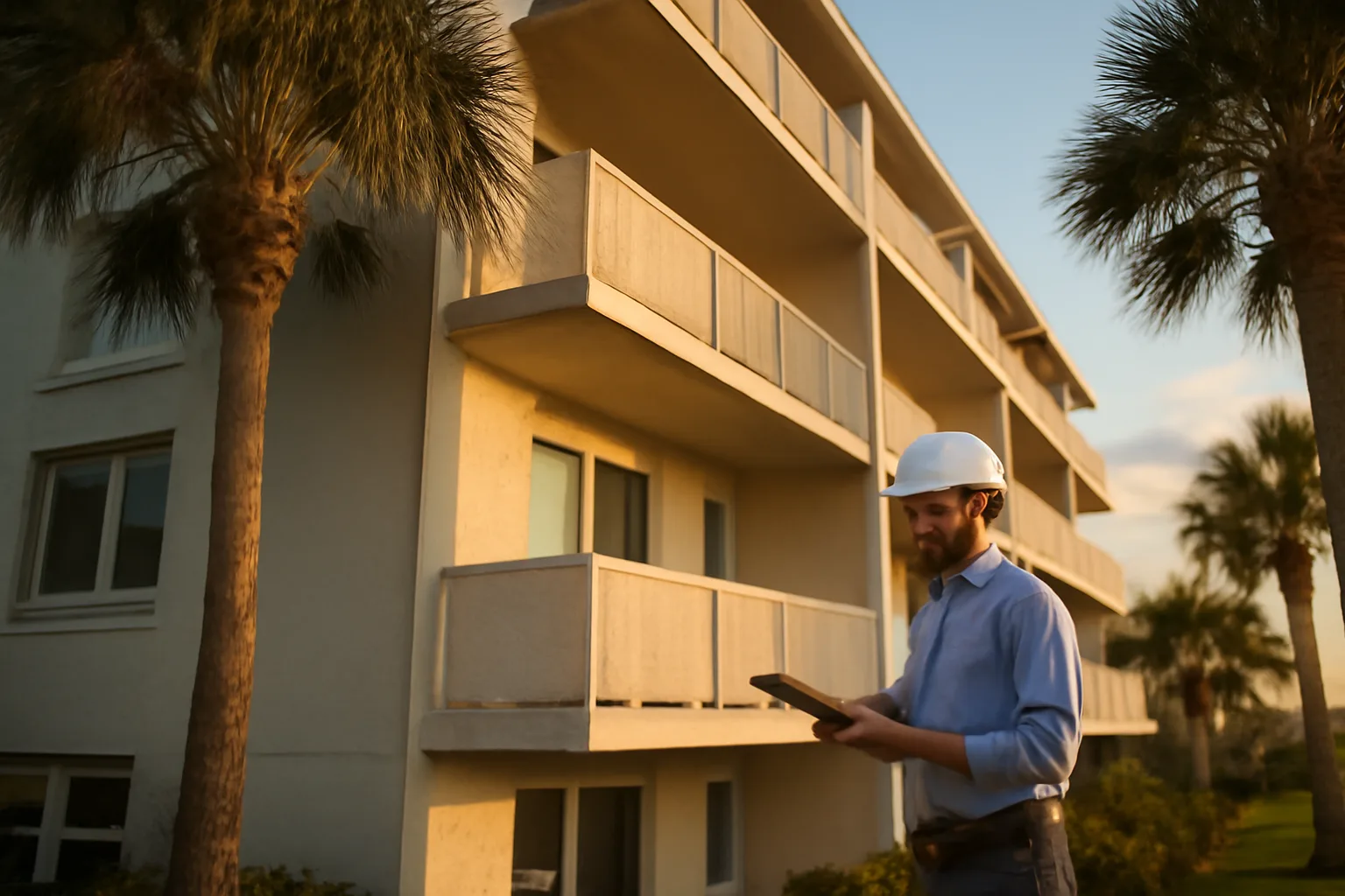 Engineer inspecting a Florida condo building balcony during a reserve study site visit