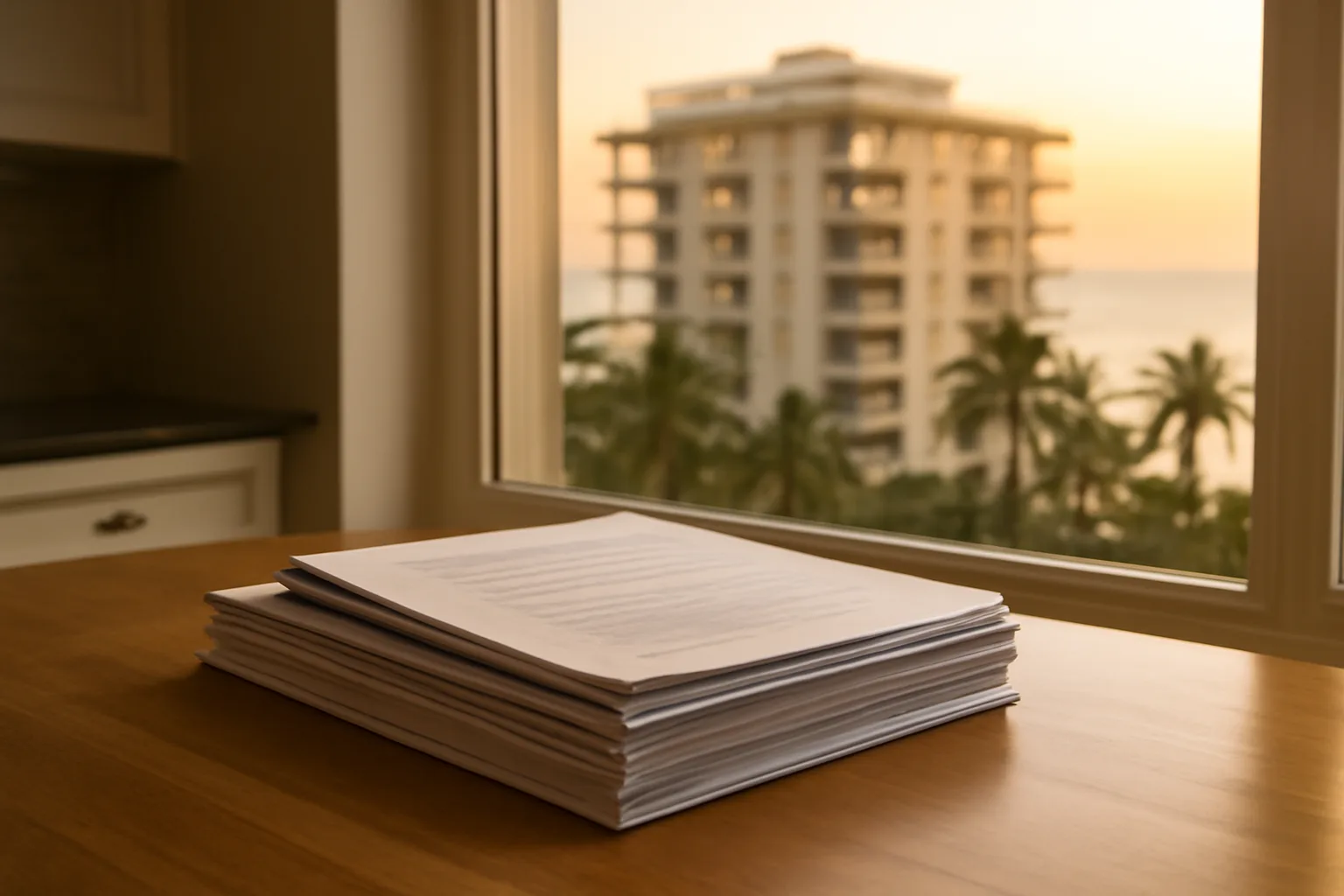 Documents on a table near a window with a coastal Florida condo building visible outside