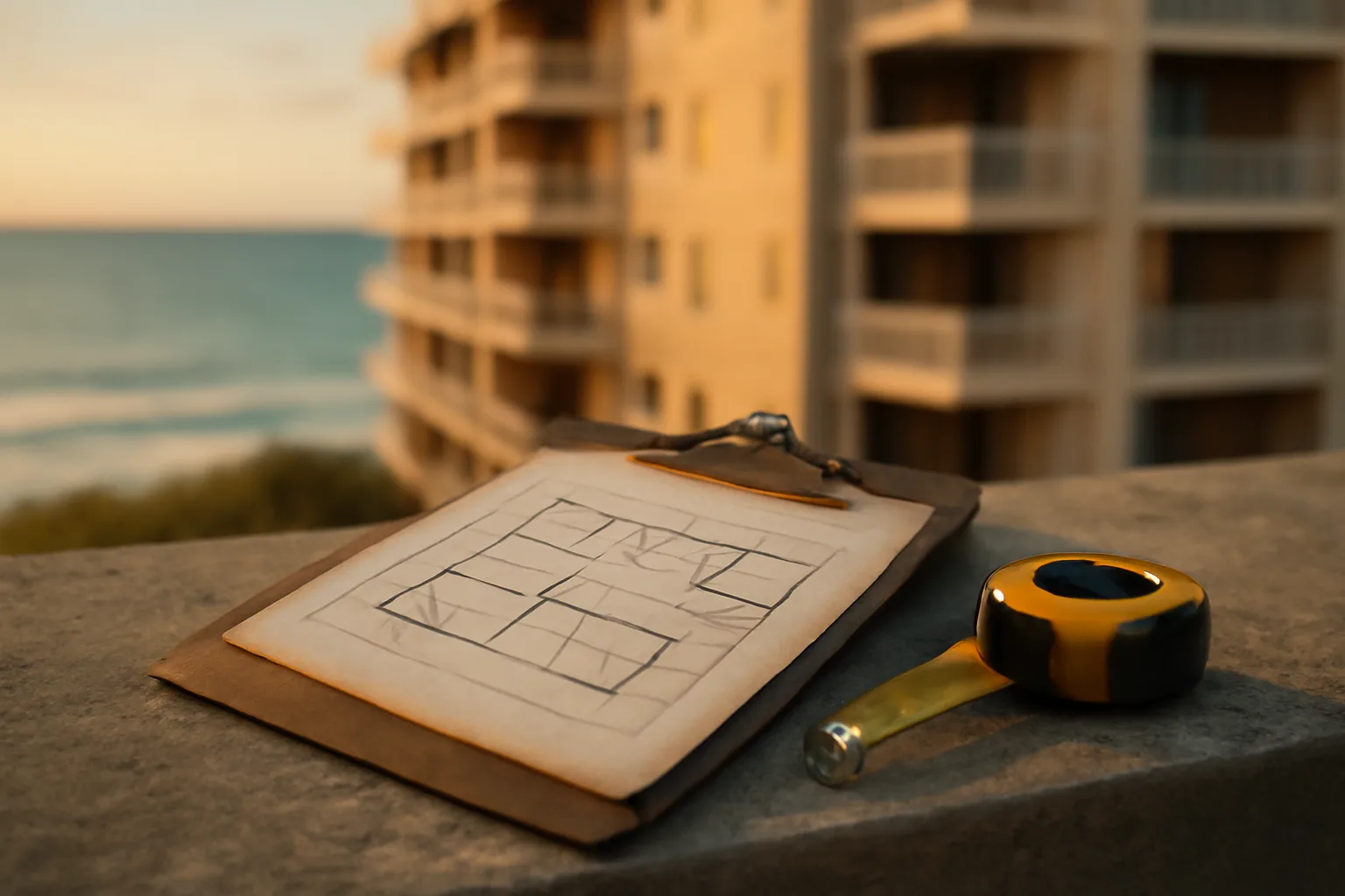 Clipboard and measuring tape beside a coastal condo building during reserve assessment study
