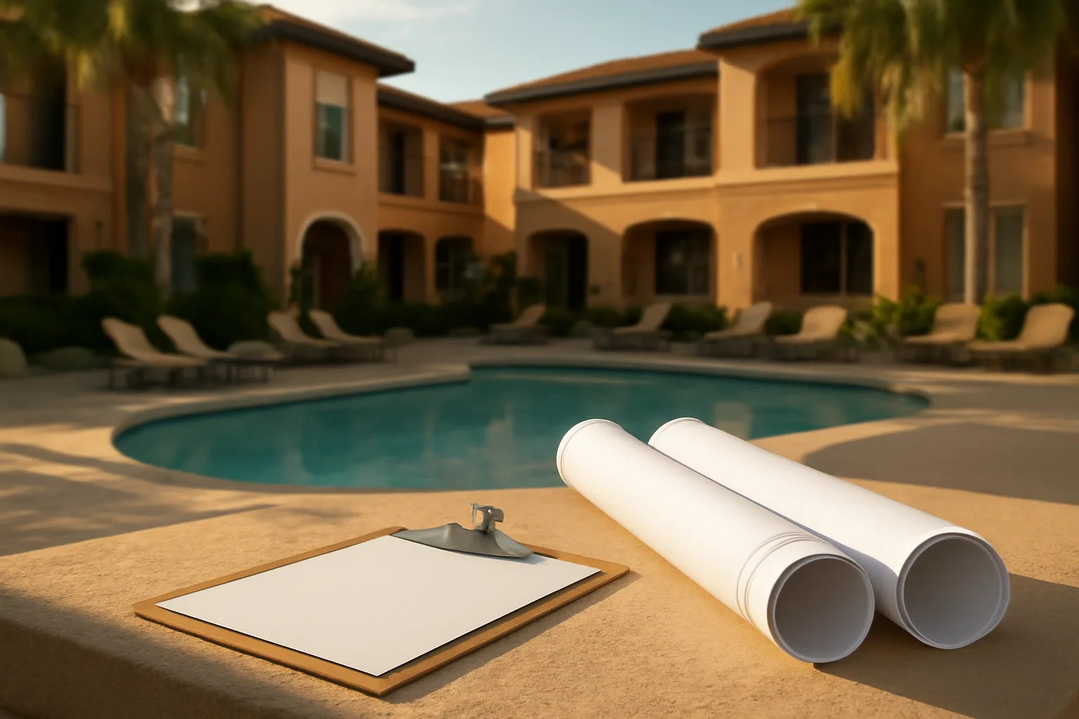 Coastal Florida condo courtyard where board members review condo reserve fund requirements