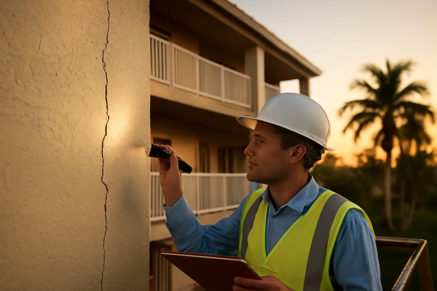 Engineer inspecting a Florida condo building exterior during a reserve fund study visit