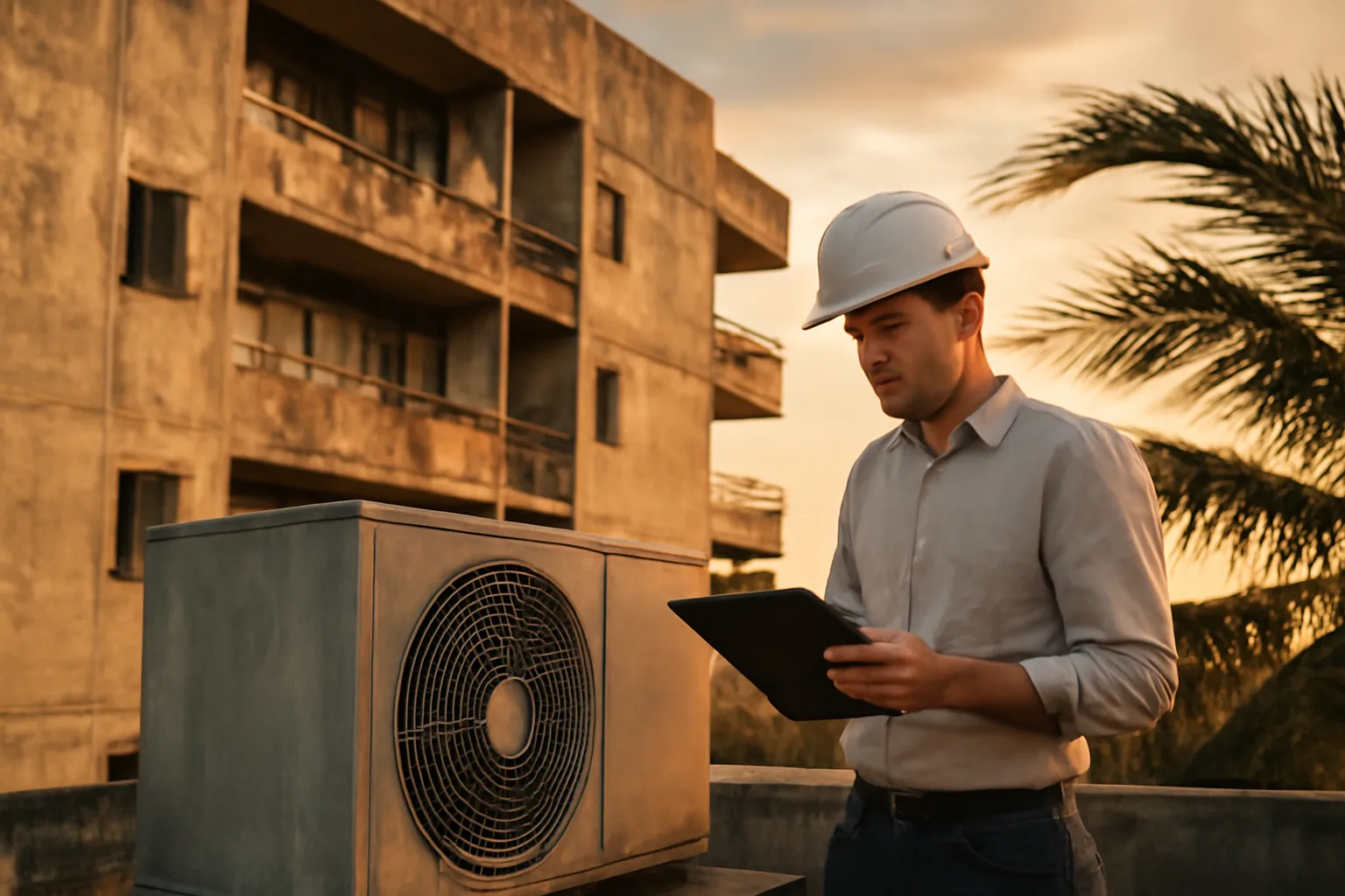 Inspector examining rooftop equipment on a coastal condo building during a reserve study