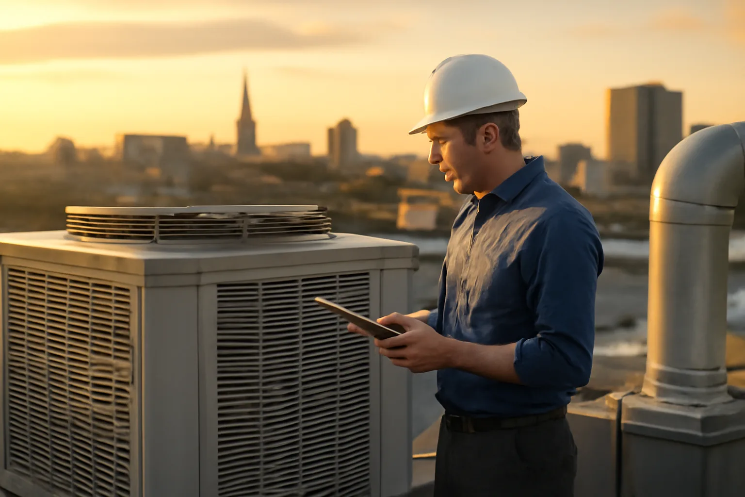 Engineer inspecting rooftop mechanical systems during a condo reserve fund study in Ottawa