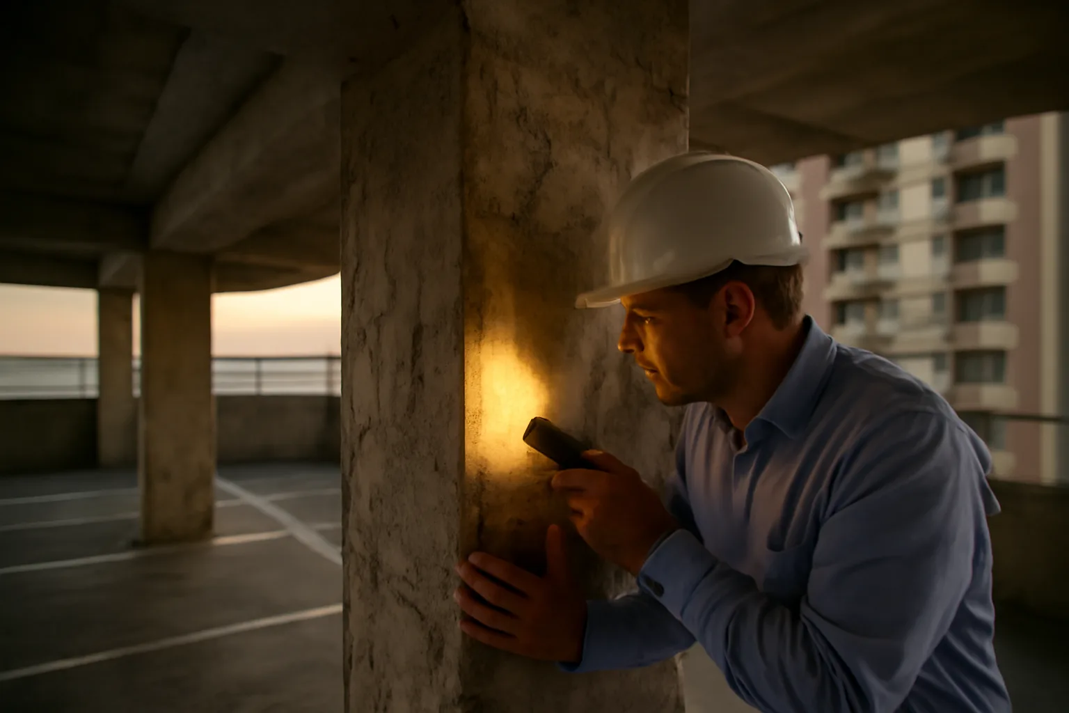 Engineer inspecting a concrete column as part of a condo reserve fund study