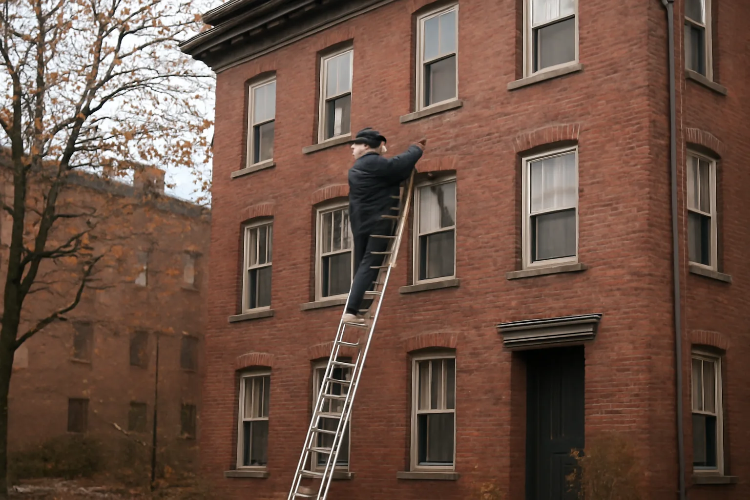 Maintenance worker inspecting gutters on a New England condo building exterior