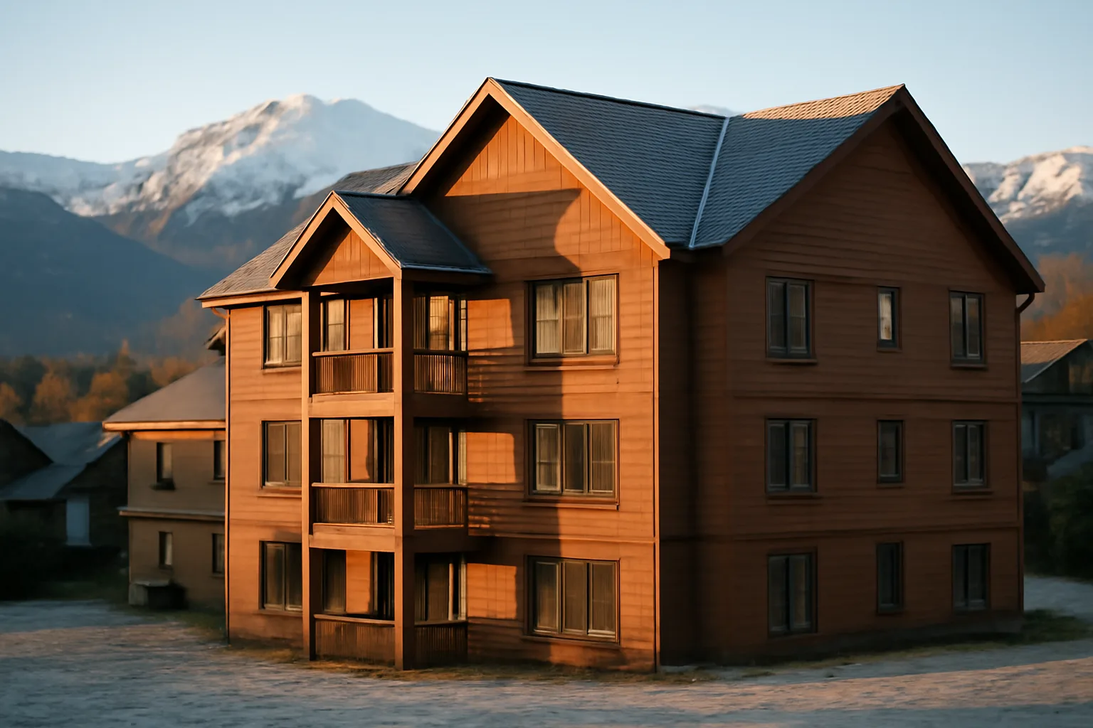 Frost-covered roof and siding of a Bozeman condo building at dawn with mountains behind