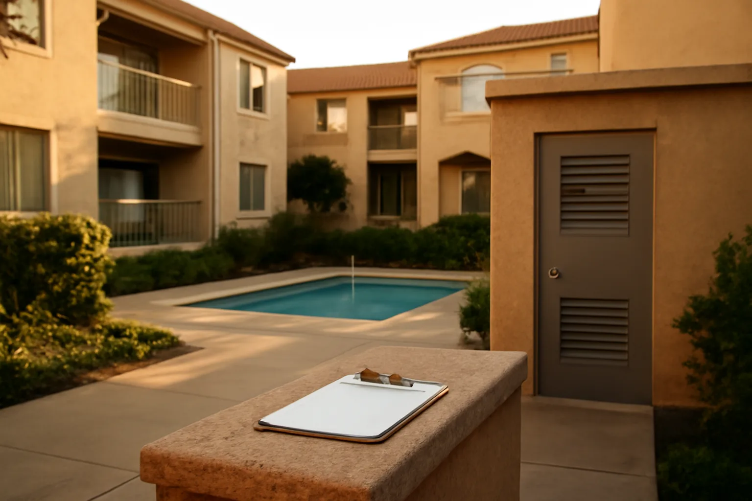 California condo courtyard at dusk near pool equipment relevant to reserve study inspections