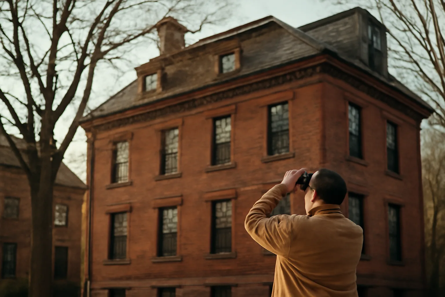 Inspector examining a Massachusetts condo building roofline during a reserve study site visit