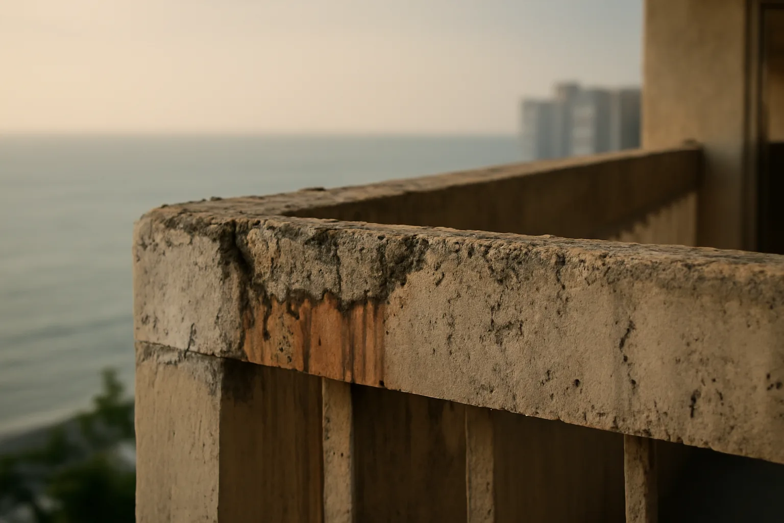Salt-corroded concrete balcony edge on a Miami coastal condo building