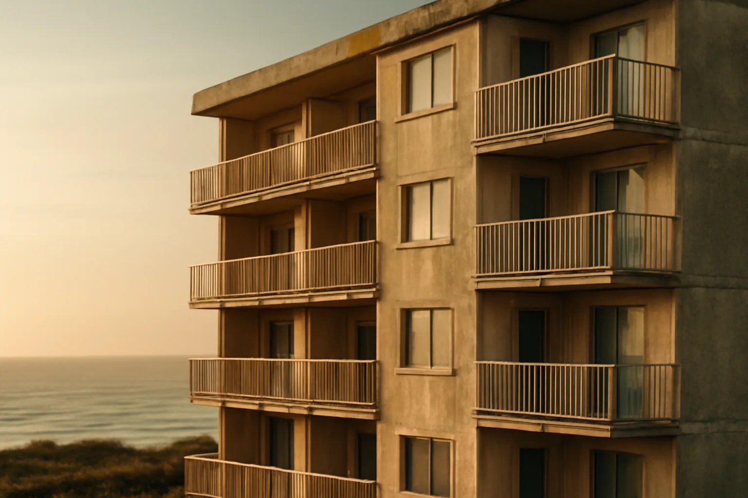 Mid-rise coastal condo building exterior at golden hour, relevant to Florida condo reserve study rules