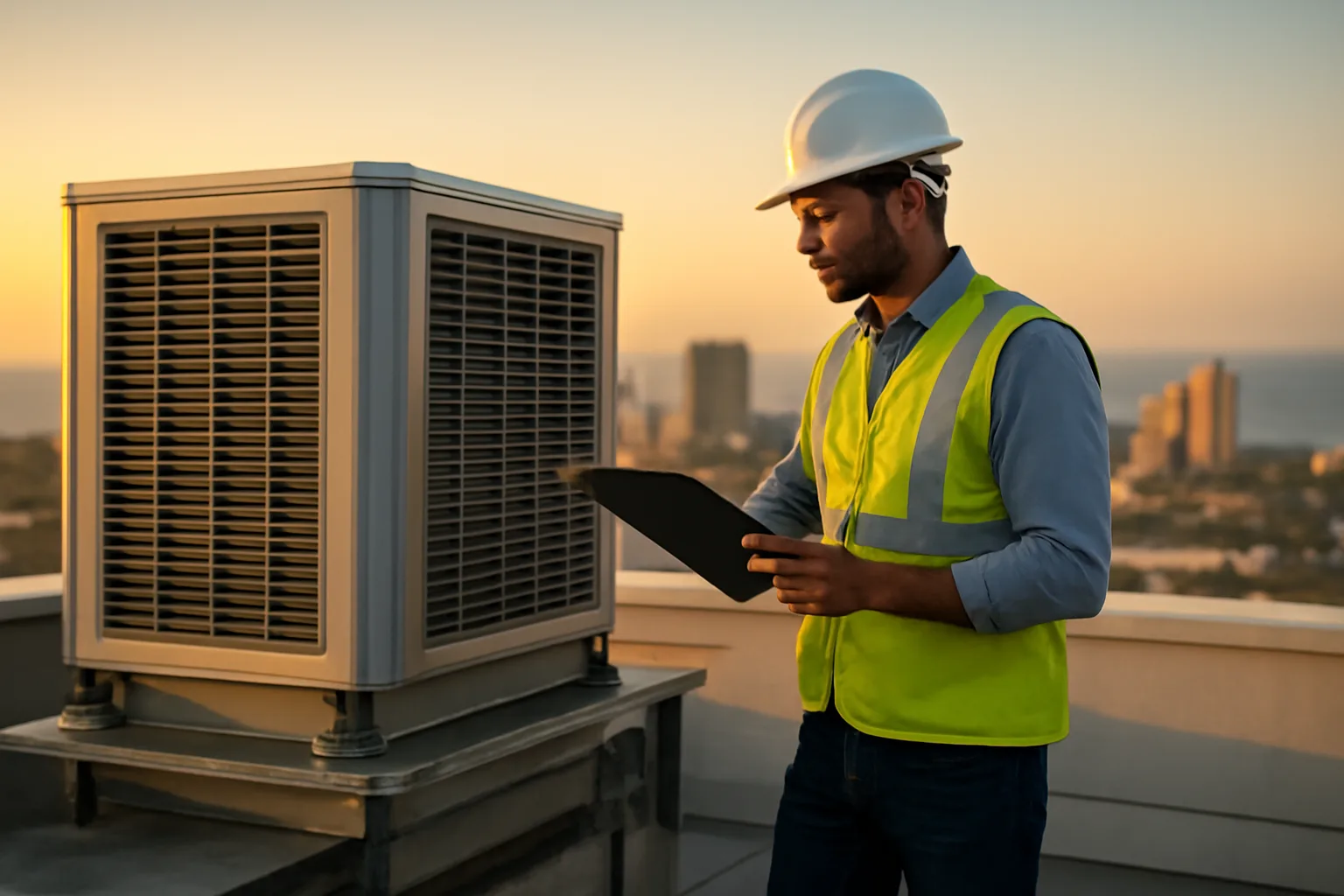Engineer inspecting rooftop equipment on a Florida condo building during a reserve study assessment