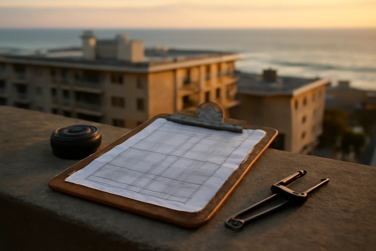 Clipboard and inspection tools on a condo rooftop ledge at sunset representing a reserve study spreadsheet review