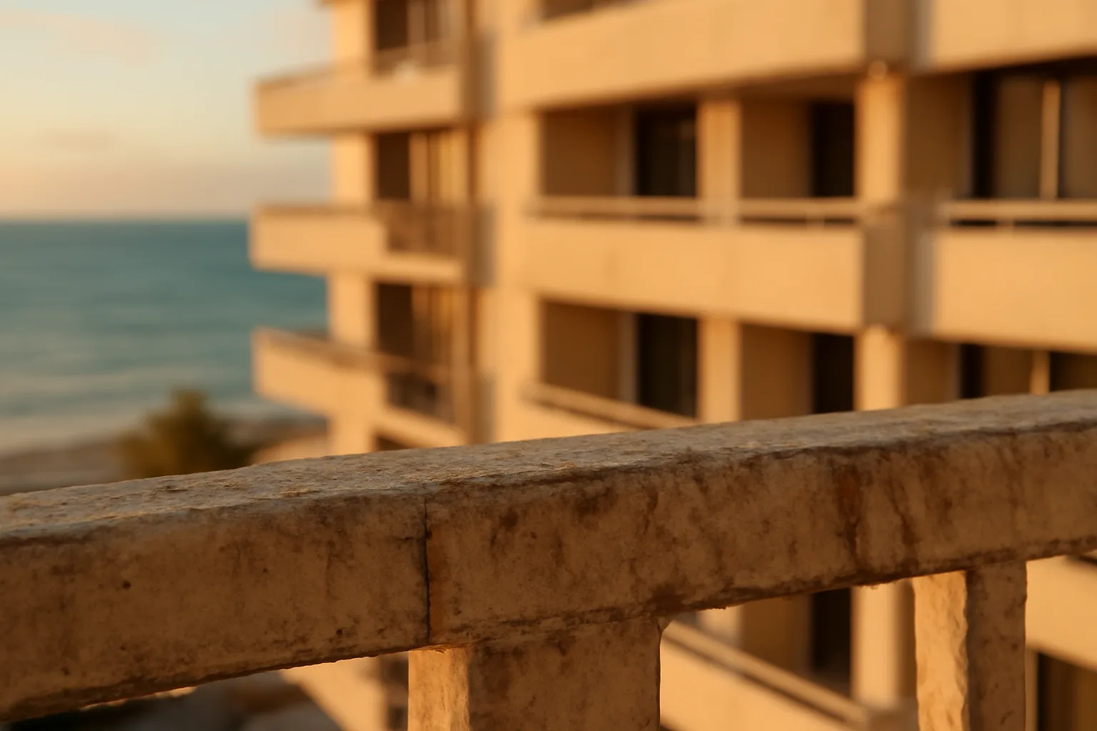 Aged concrete balcony on a Florida coastal condo building showing structural wear
