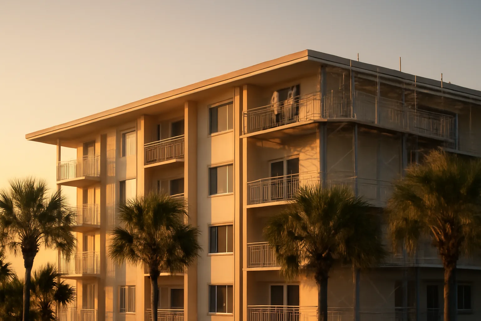 Condo building with scaffolding during structural repairs tied to a Florida special assessment
