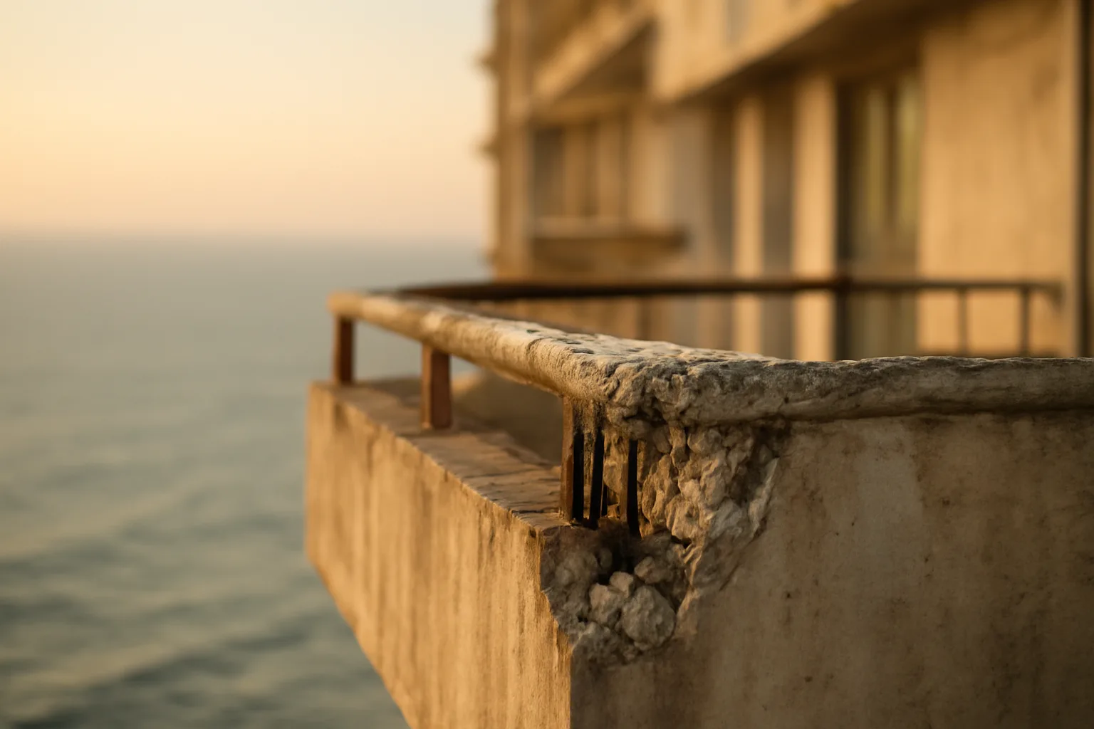Spalled concrete and exposed rebar on an aging Florida coastal condo balcony