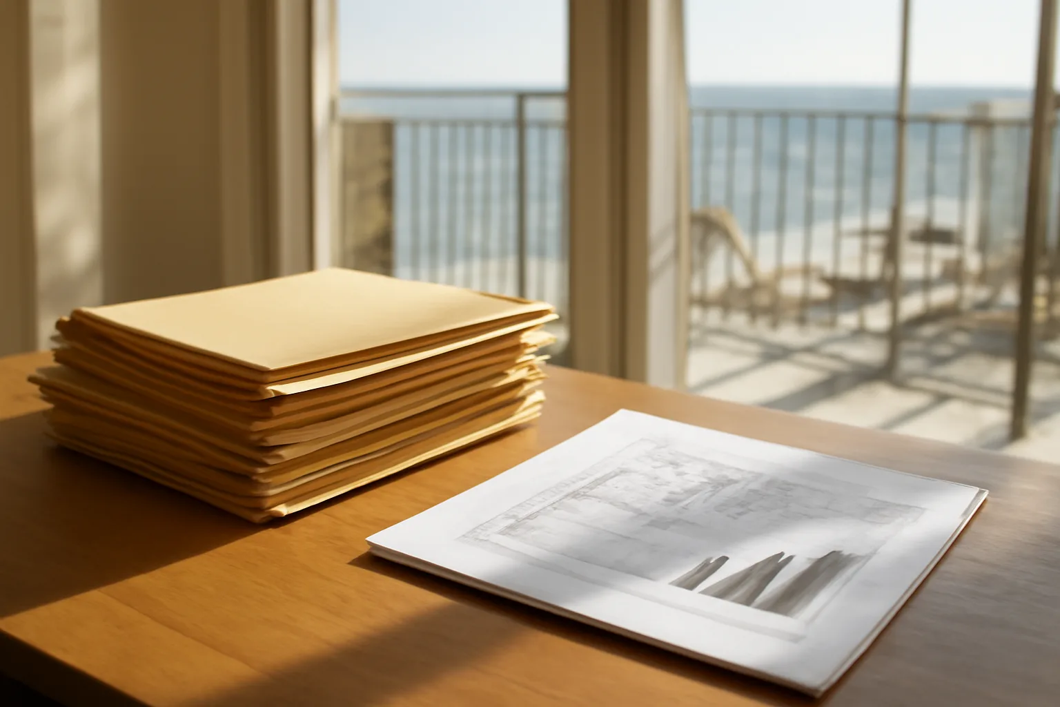 Documents and engineering report on a desk with a condo balcony repair visible outside, illustrating condo special assessment tax deductible questions